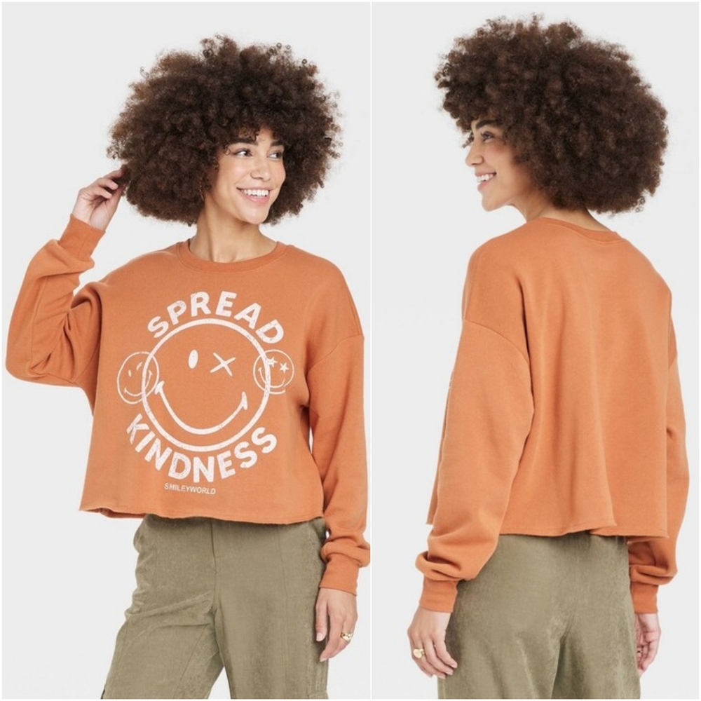 Smiley World Spread Kindness Rust Ora Cropped Pullover Sweatshirt Size M